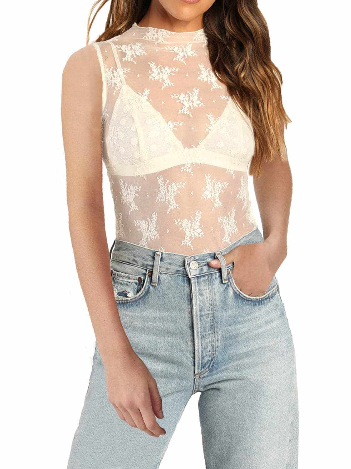 Trendsi Sheer lace mock neck top
