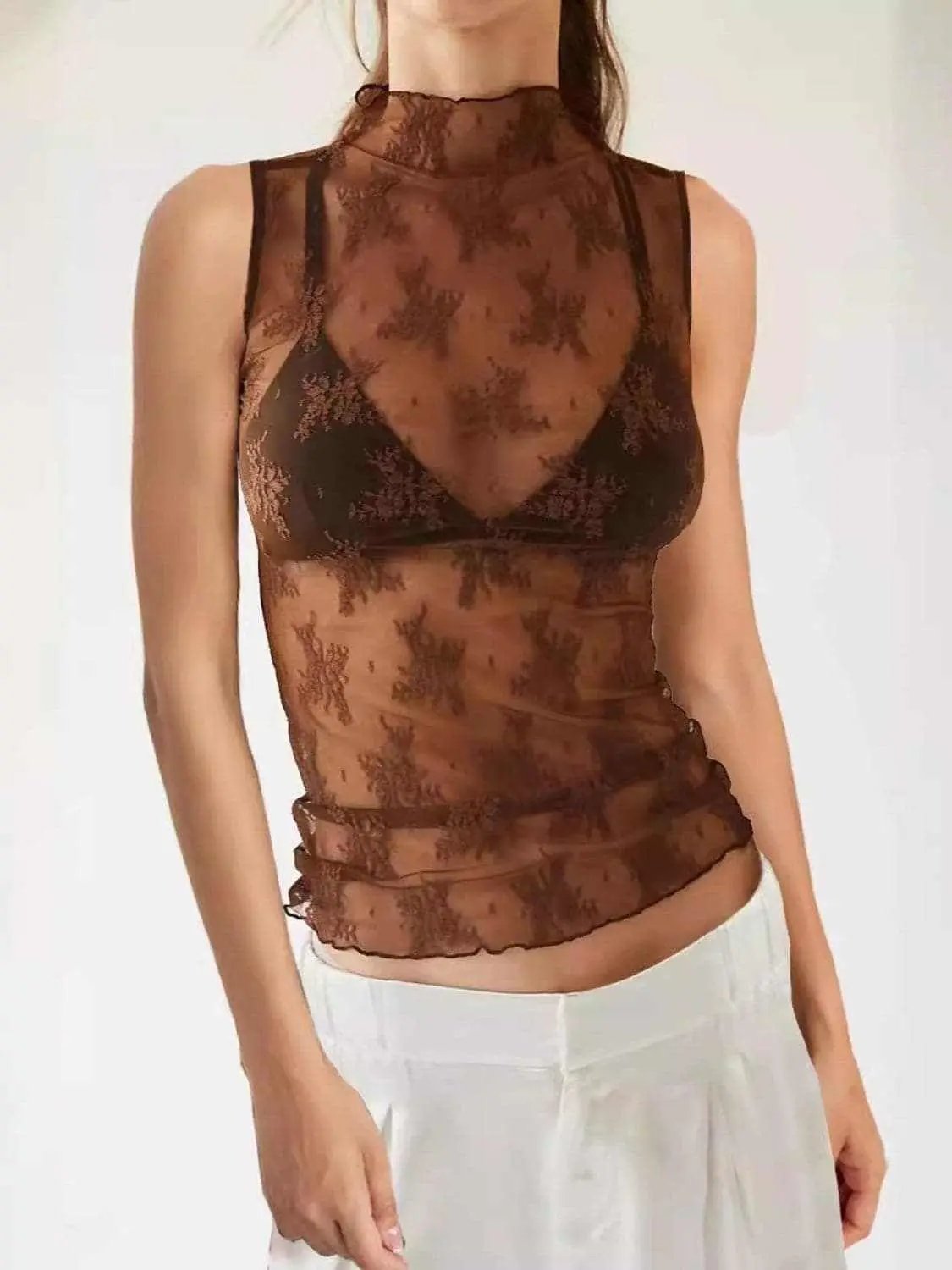 Trendsi Sheer lace mock neck top