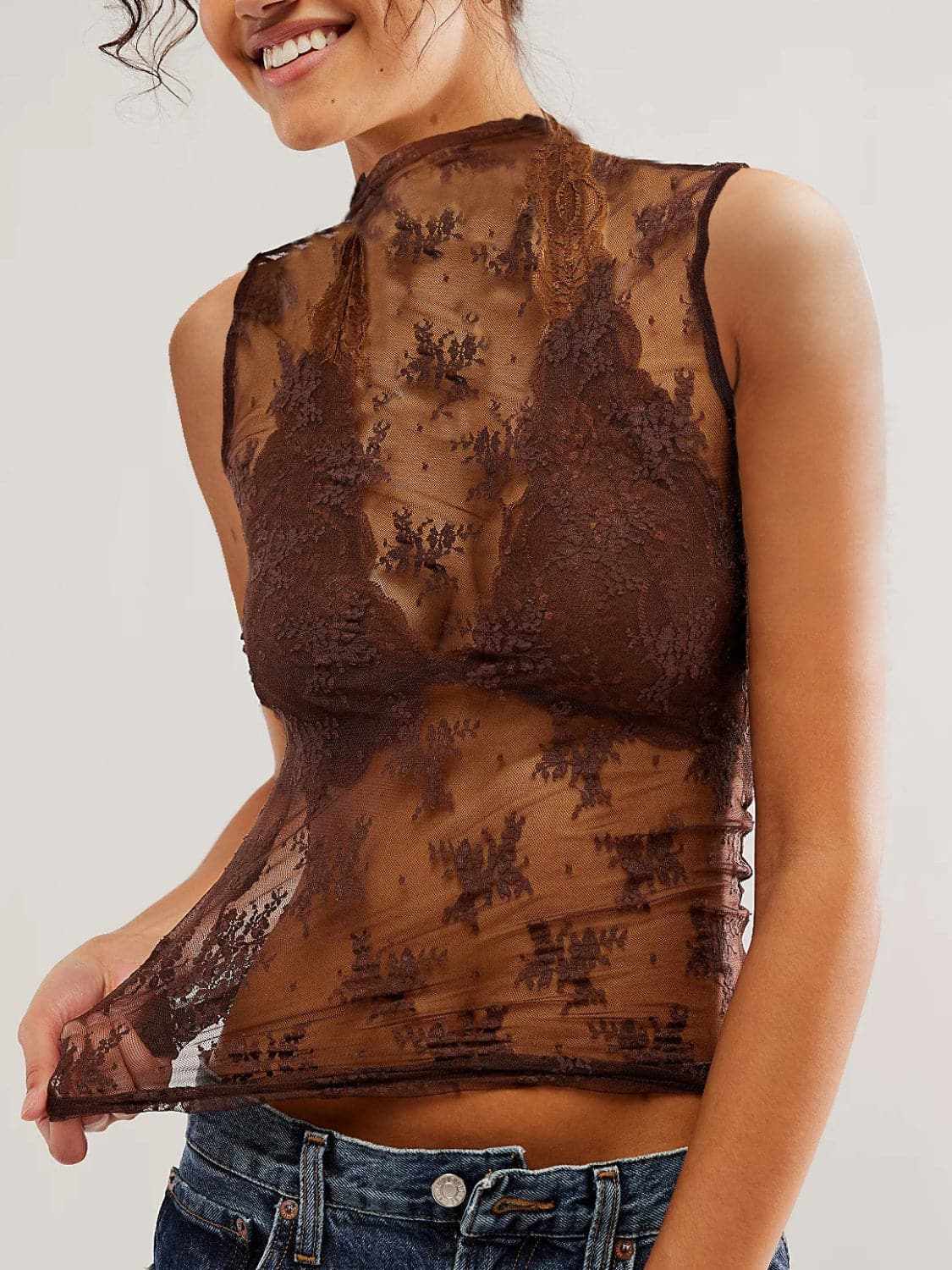 Trendsi Sheer lace mock neck top