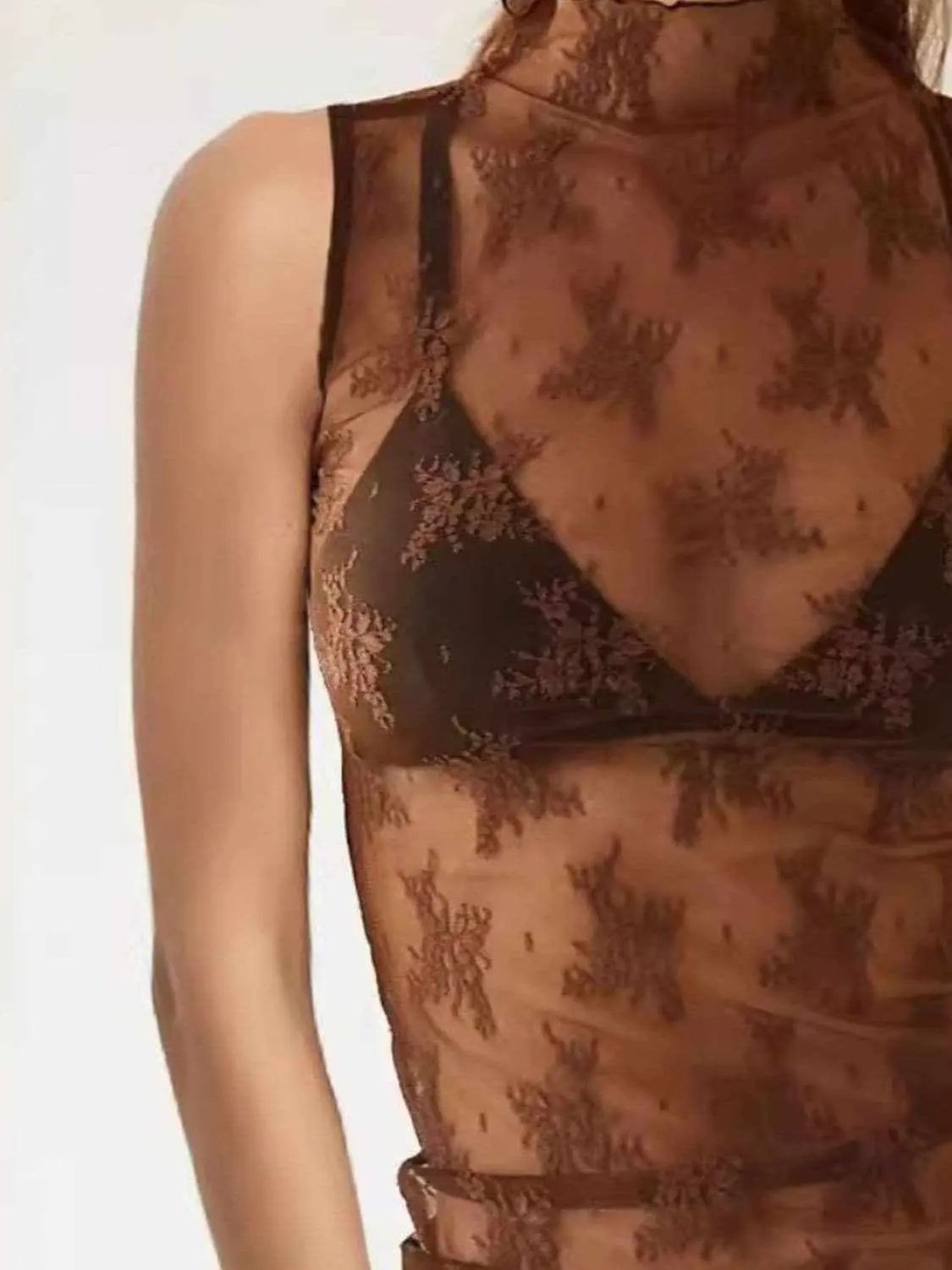 Trendsi Sheer lace mock neck top