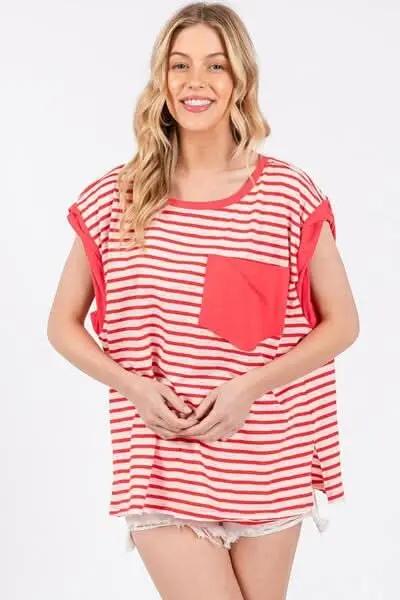 Striped Tee - Side Slits - Women's Casual Top