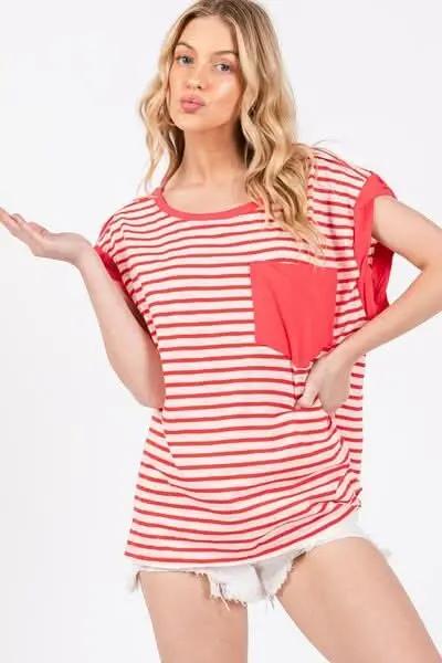 Striped Tee - Side Slits - Women's Casual Top