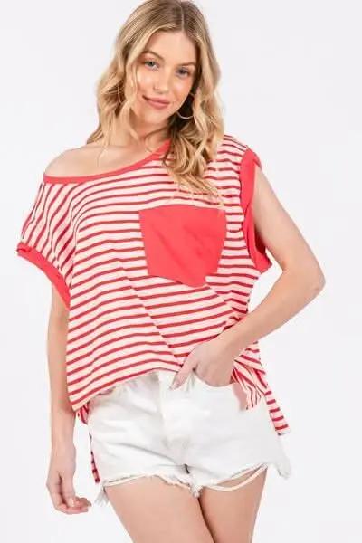 Striped Tee - Side Slits - Women's Casual Top