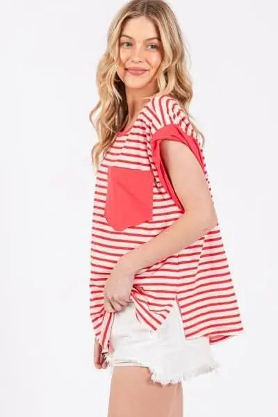 Striped Tee - Side Slits - Women's Casual Top