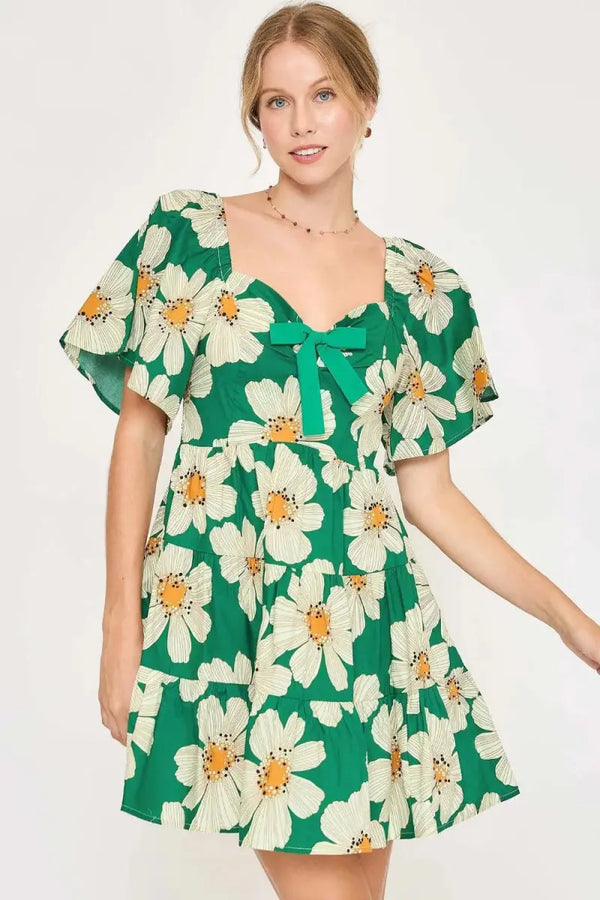 Mini Dress - Daisy Print & Ribbon Tie - Casual Plus Size