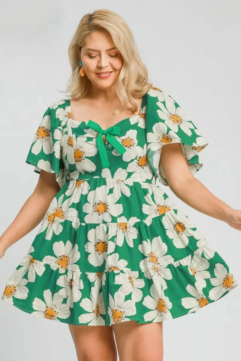 Mini Dress - Daisy Print & Ribbon Tie - Casual Plus Size