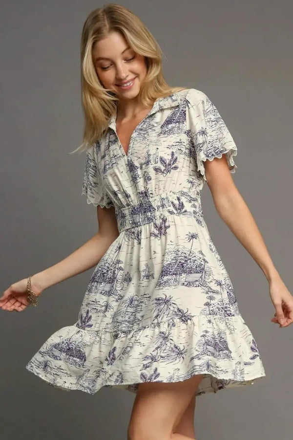 Trendsi Landscape Print Mini Dress Women's Casual Collared Plus Size Cute & Comfy
