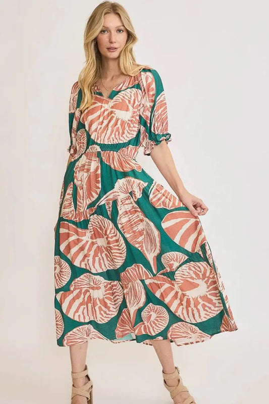 Midi Dress - Printed Puff Sleeve Plus Size - Casual