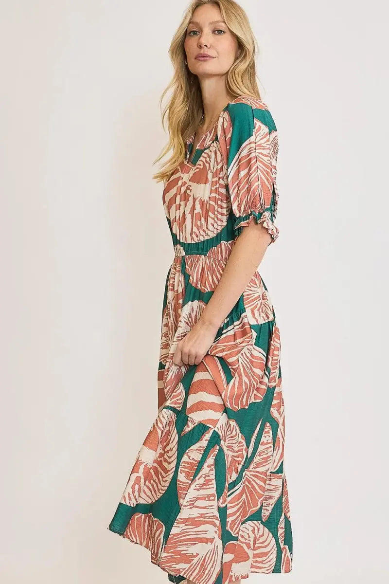 Midi Dress - Printed Puff Sleeve Plus Size - Casual