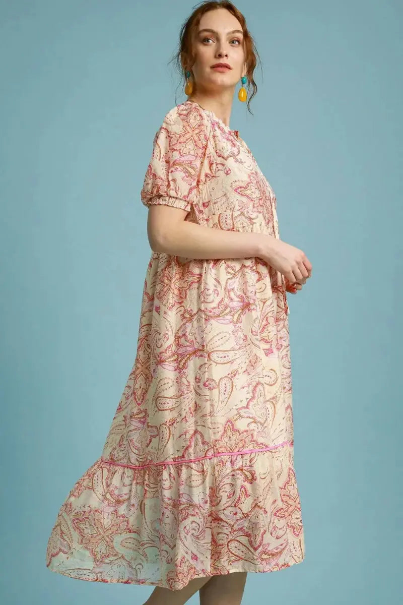 Trendsi Printed Midi Dress Women's Plus Size Casual Puff Sleeve Comfy