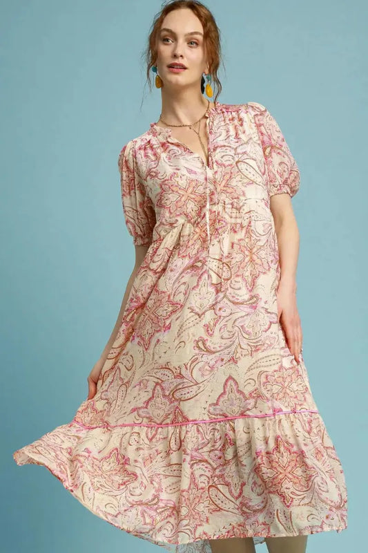 Trendsi Printed Midi Dress Women's Plus Size Casual Puff Sleeve Comfy