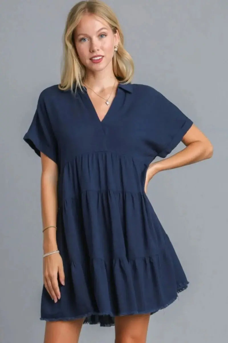Women's Plus Size Tiered Mini Dress - Raw Hem Folded Sleeve