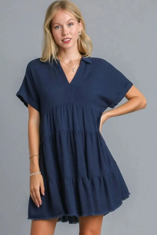 Women's Plus Size Tiered Mini Dress - Raw Hem Folded Sleeve