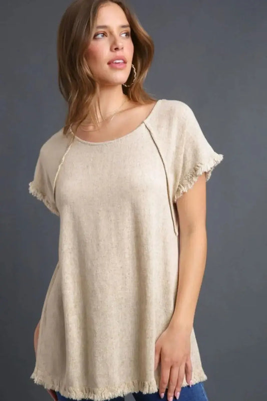 Trendsi Linen Ruffle Top Women's Plus Size Casual Tee USA Made, Comfy