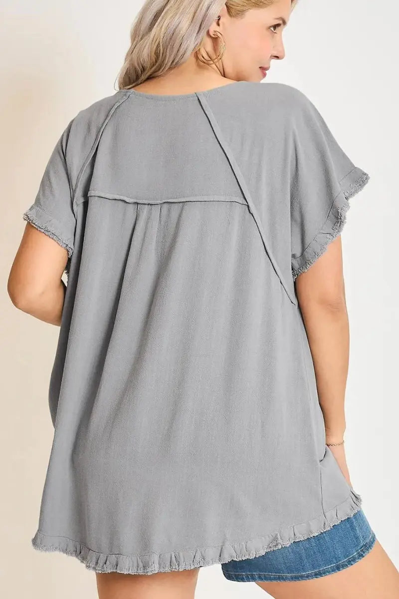 Trendsi Linen Ruffle Top Women's Plus Size Casual Tee Fringe Detail Comfy