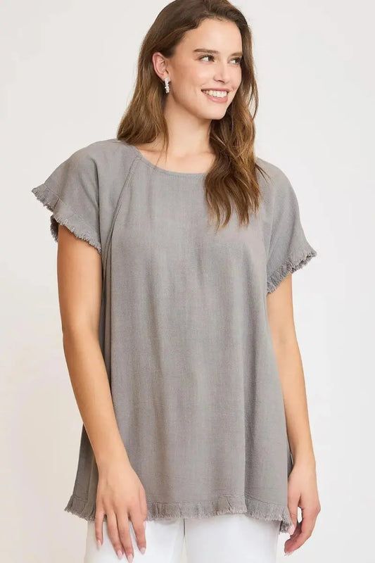Trendsi Linen Ruffle Top Women's Plus Size Casual Tee Fringe Detail Comfy