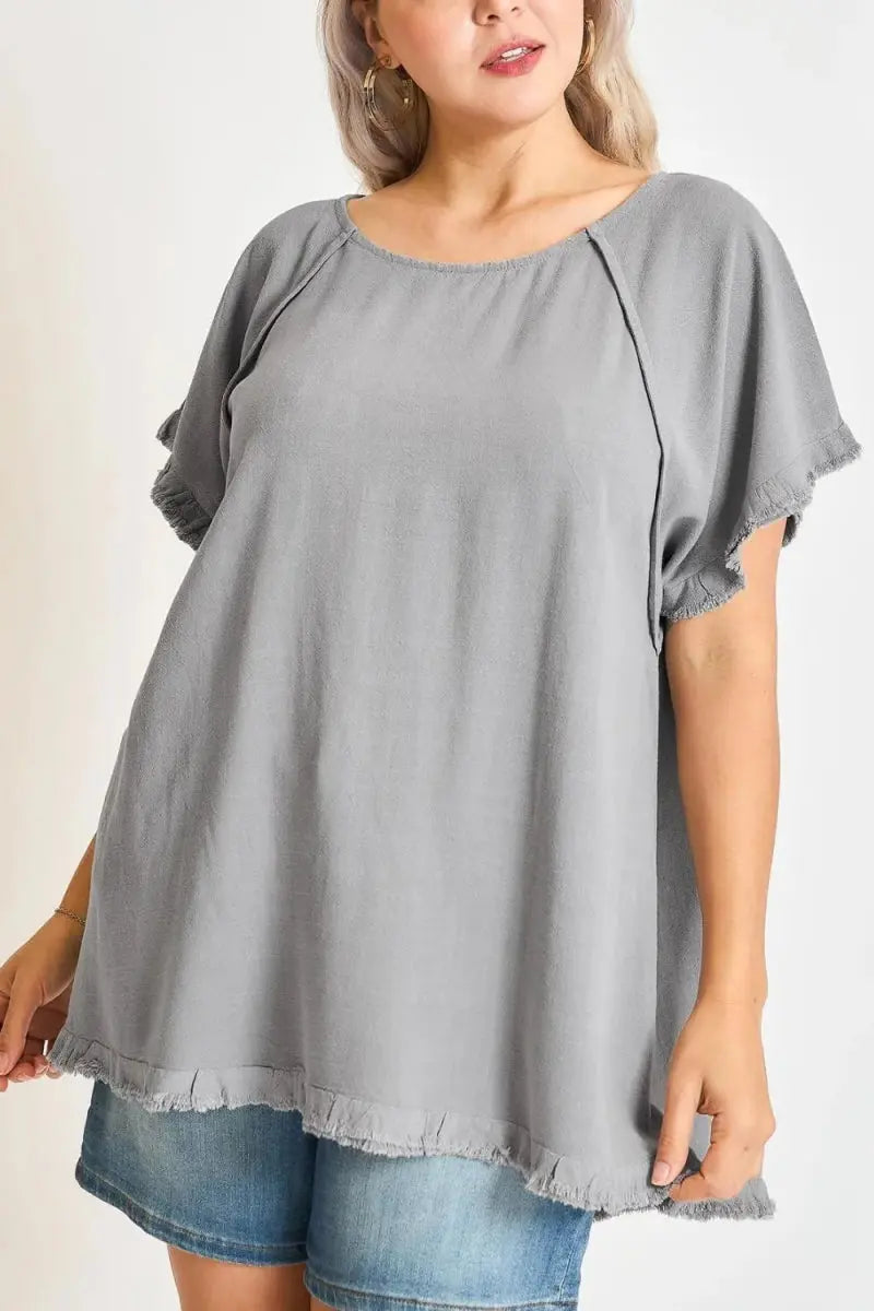 Trendsi Linen Ruffle Top Women's Plus Size Casual Tee Fringe Detail Comfy