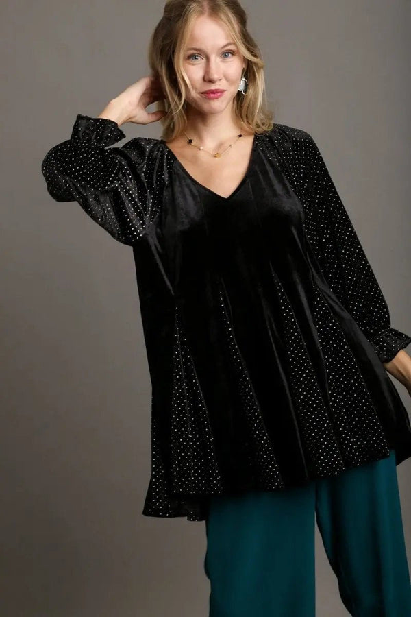 Trendsi Polka Dot Blouse Women's V-Neck Godet Hem Top USA Shipped