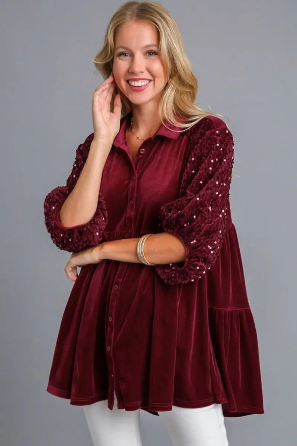 Trendsi Sequin Tiered Top Women's Casual Shirt Half Sleeve USA Ship