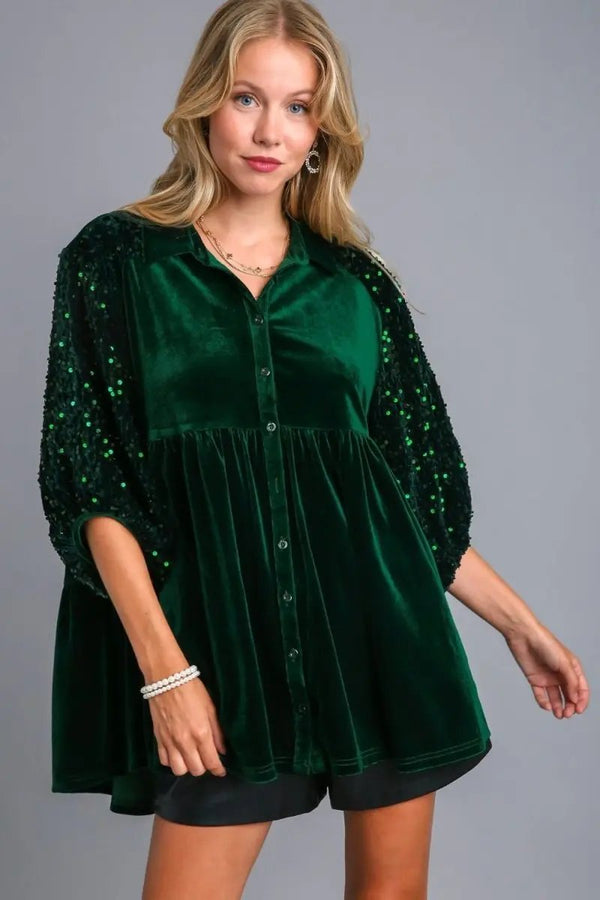 Trendsi Sequin Tiered Top Women's Casual Shirt USA Made, Stylish