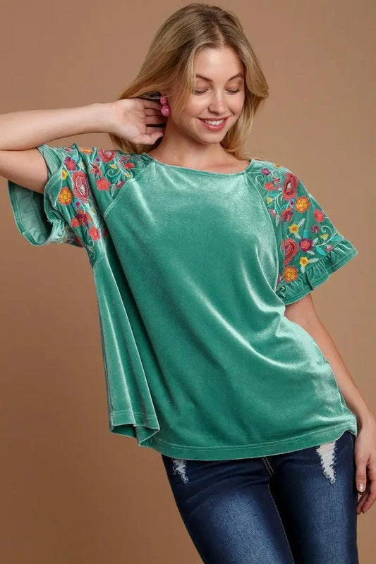 Trendsi Velvet Embroidered Women's Top Everyday Casual Blouse Soft, USA Ship