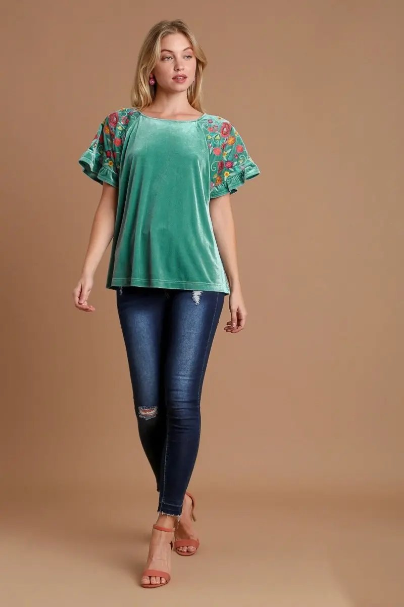 Trendsi Velvet Embroidered Women's Top Everyday Casual Blouse Soft, USA Ship