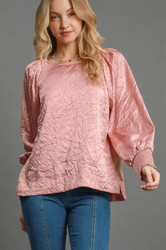 Trendsi Wrinkled Blouse Women's Casual Top Lantern Sleeve Shirt Comfy Fit