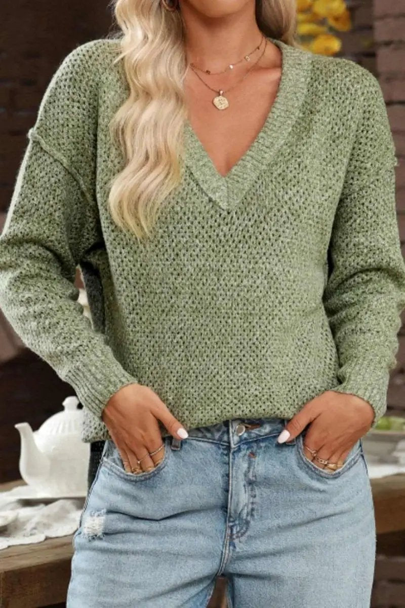 Trendsi V-Neck Sweater Women's Casual Long Sleeve Top Wardrobe Essential