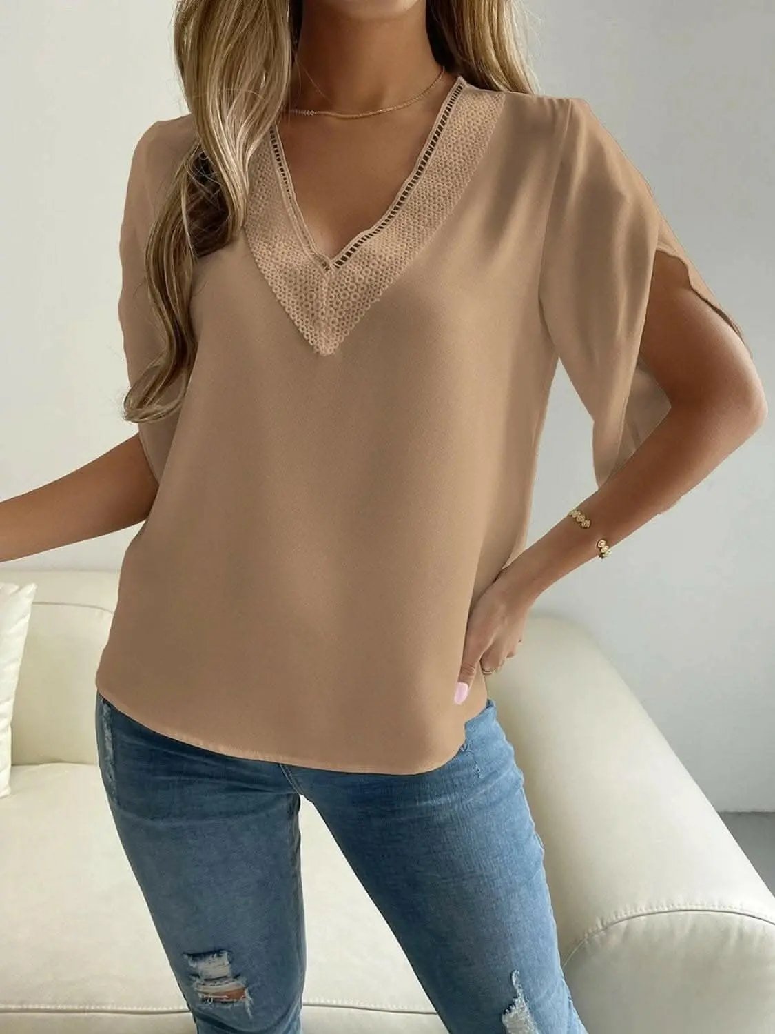 Blouse - Elegant V-Neck Short Sleeve - Versatile Top