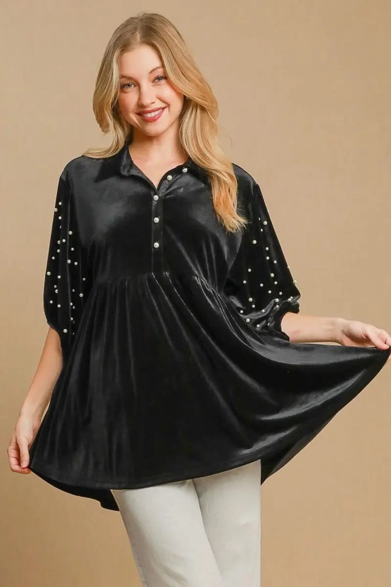 Trendsi Velvet Babydoll Blouse Women's Cute Top Pearl Accents Half Sleeve