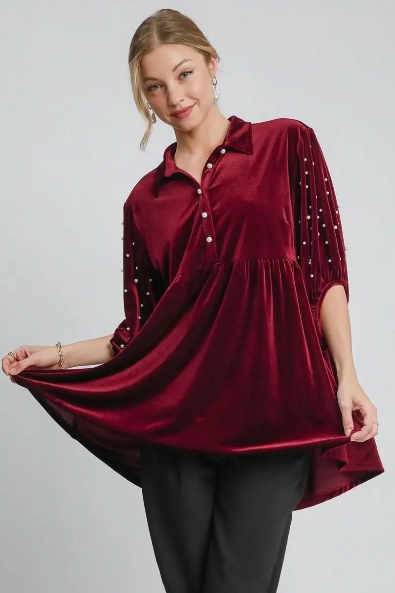 Trendsi Velvet Babydoll Blouse Women's Casual Top Pearl Detail Collared Neck