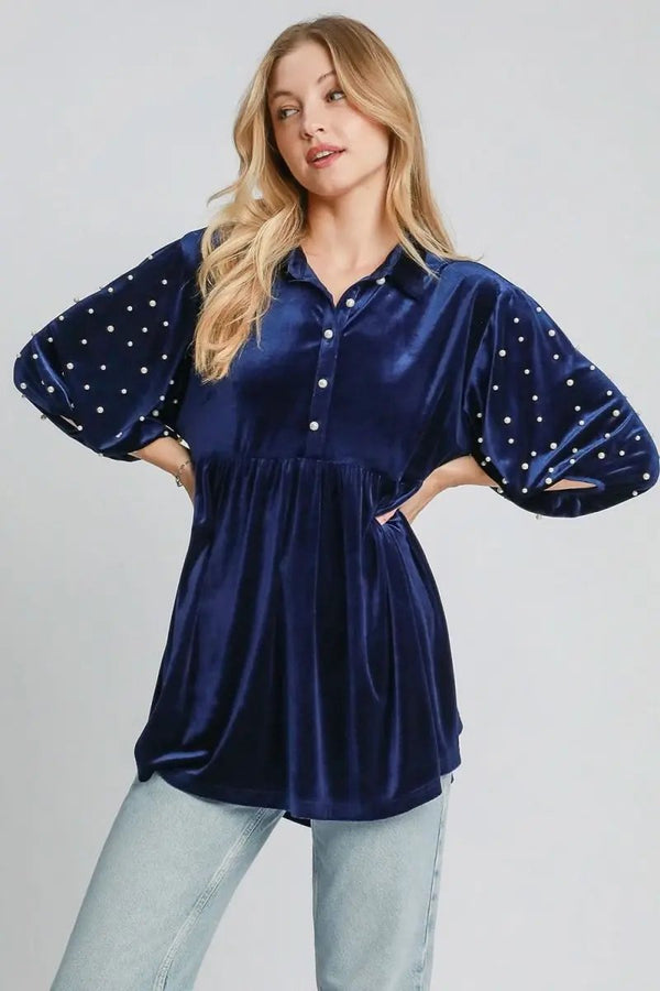 Trendsi Velvet Babydoll Blouse Women's Party Top Pearl Collar Detail