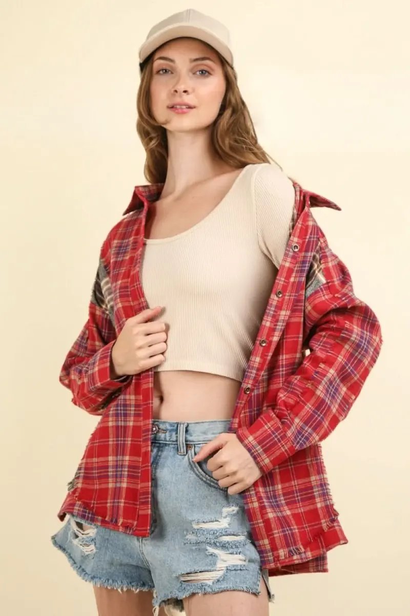 Trendsi Plaid Shirt Women's Casual Raw Hem Top Trendy Comfy