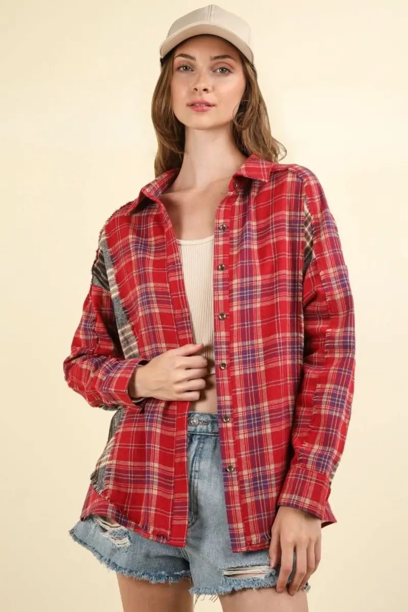 Trendsi Plaid Shirt Women's Casual Raw Hem Top Trendy Comfy