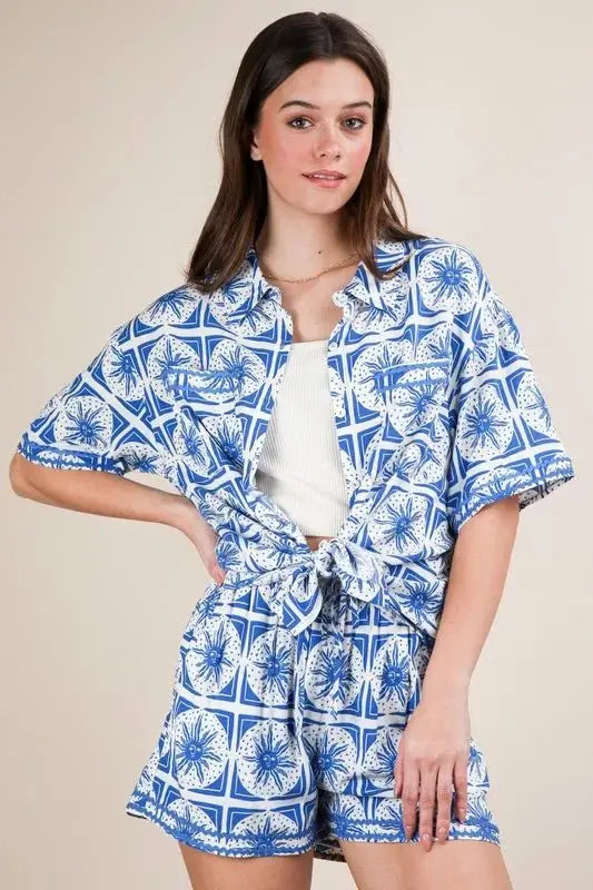 Women's Plus Size Shirt & Shorts Set - Tropical Print - Summer Casual