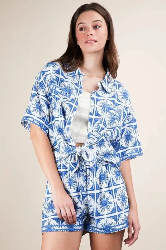 Women's Plus Size Shirt & Shorts Set - Tropical Print - Summer Casual