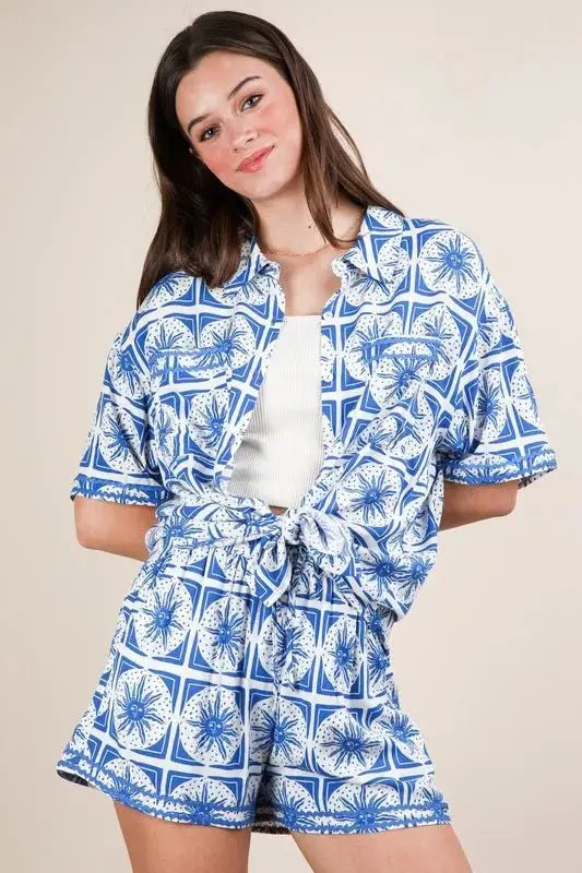 Women's Plus Size Shirt & Shorts Set - Tropical Print - Summer Casual