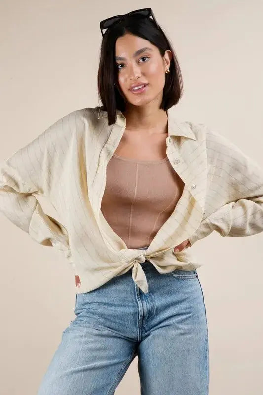 Women's Striped Oversized Button Down Shirt - Casual Comfy