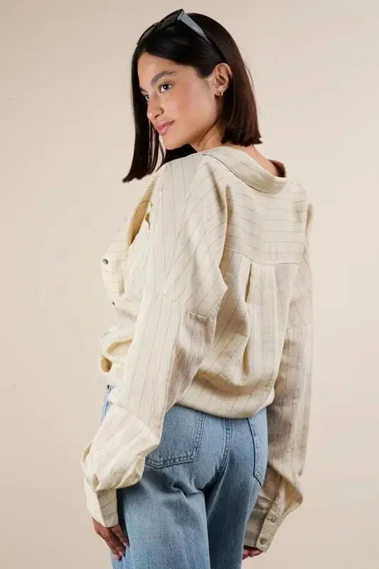 Women's Striped Oversized Button Down Shirt - Casual Comfy