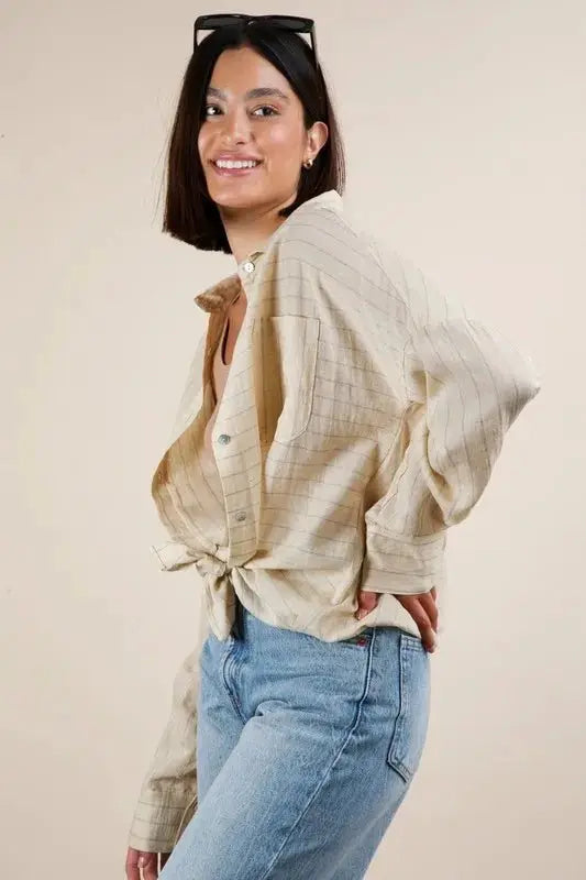 Women's Striped Oversized Button Down Shirt - Casual Comfy