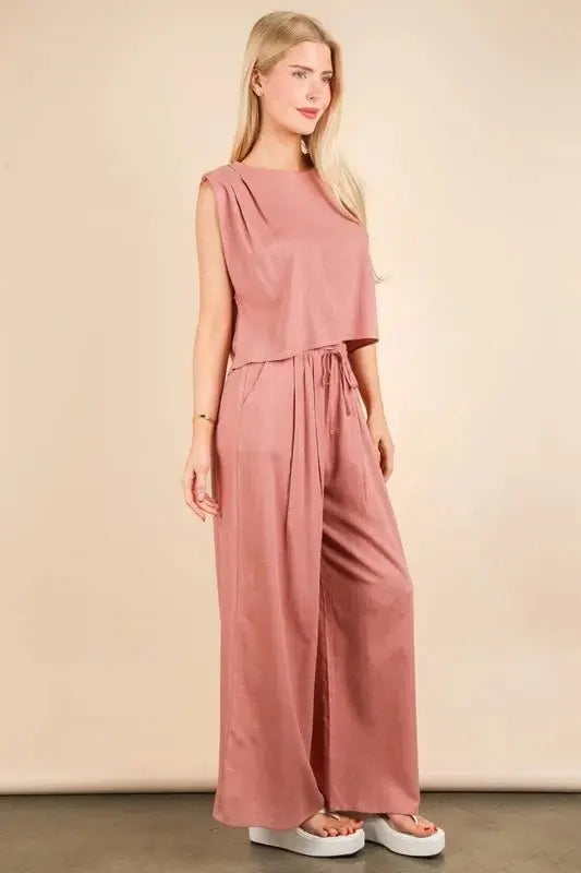 Woven Top & Pants Set - Comfortable - Two-Piece Outfit