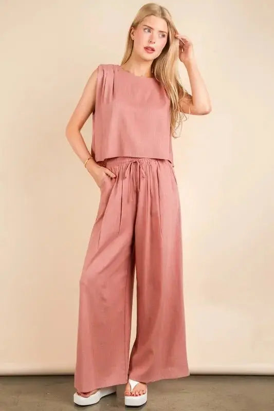 Woven Top & Pants Set - Comfortable - Two-Piece Outfit