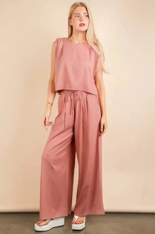 Woven Top & Pants Set - Comfortable - Two-Piece Outfit