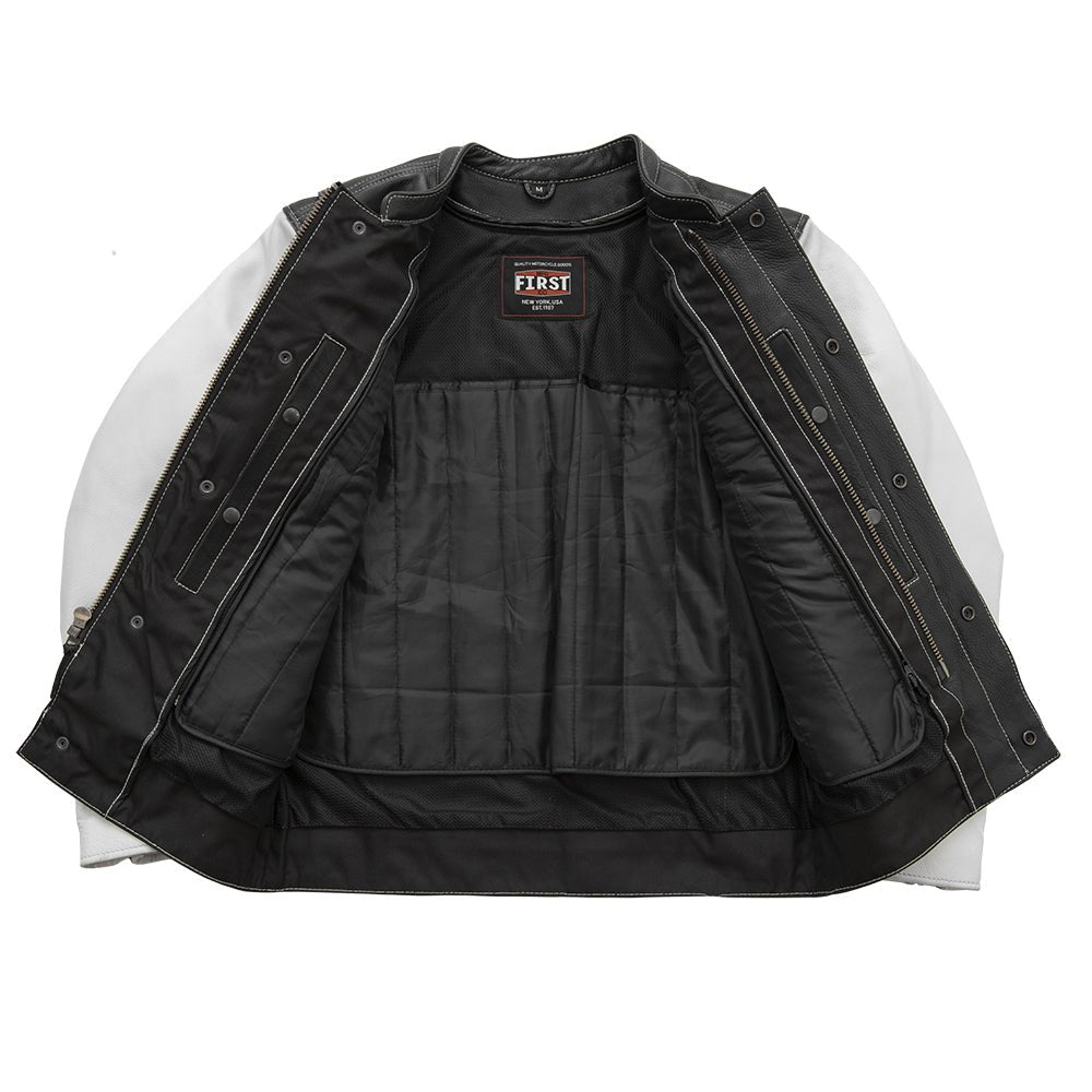 Vincent Men's Cafe Style Leather Jacket Black and White