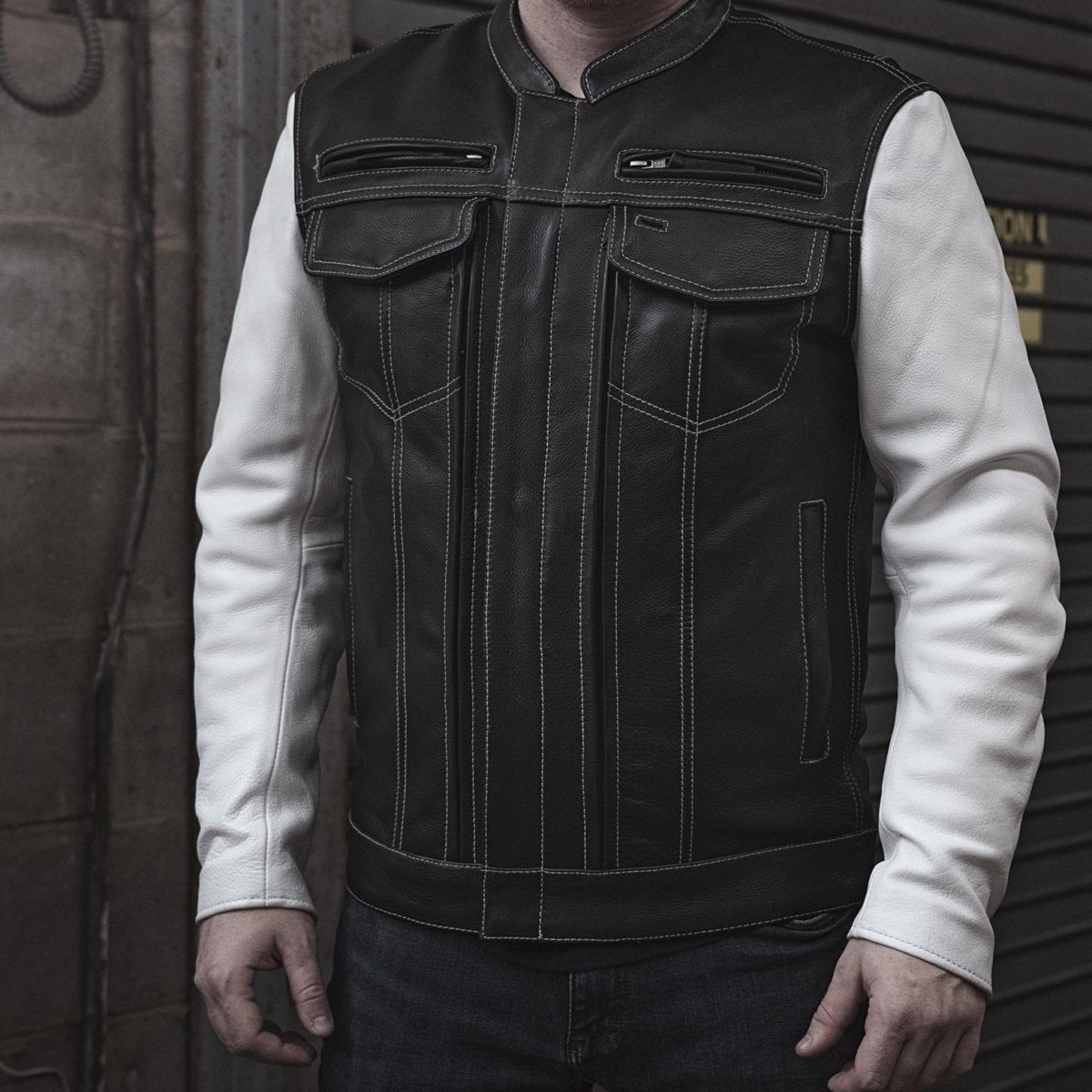 Vincent Men's Cafe Style Leather Jacket Black and White