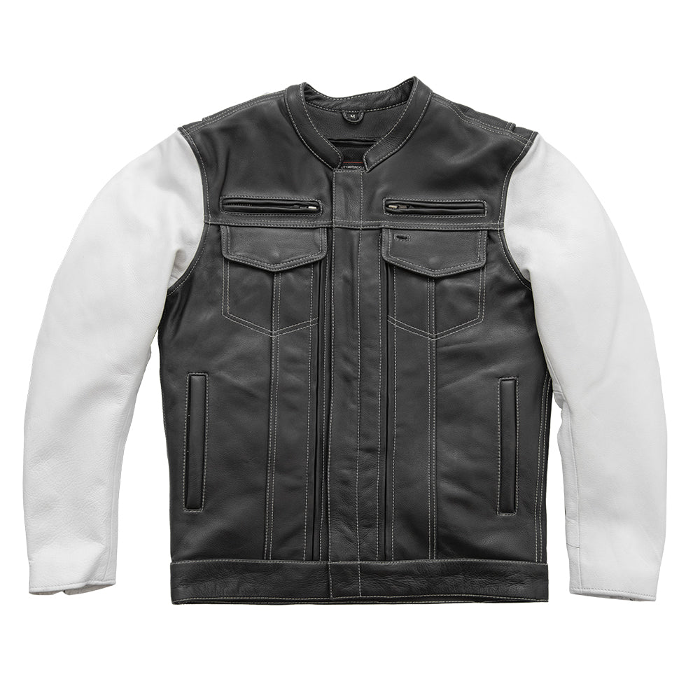Vincent Men's Cafe Style Leather Jacket Black and White