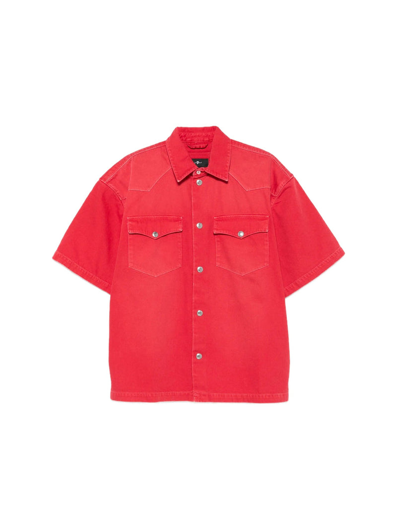 7 For All Mankind Short-Sleeve Western Denim Shirt in Red