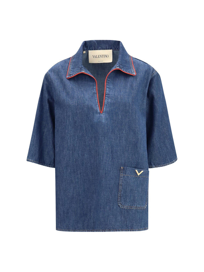 Valentino Short-Sleeve V-Neck Denim Shirt