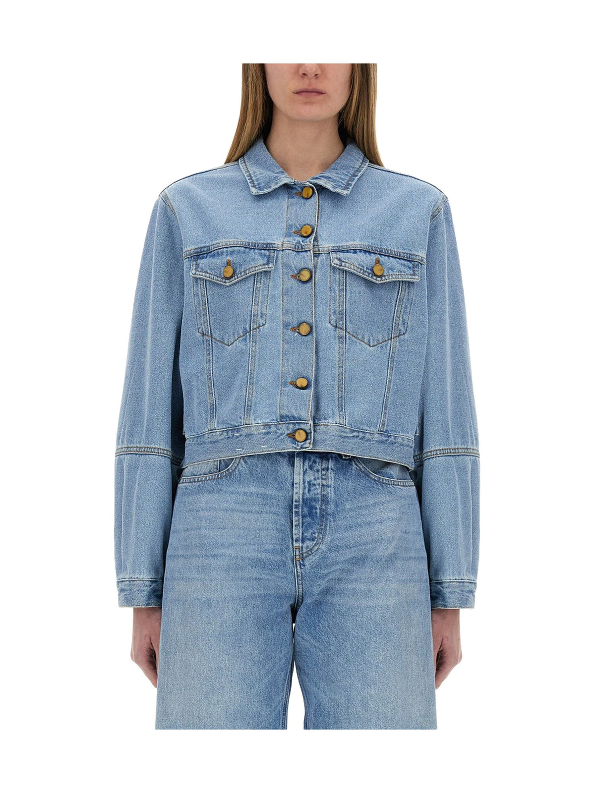 Alysi Cropped Denim Jacket with Gold Buttons