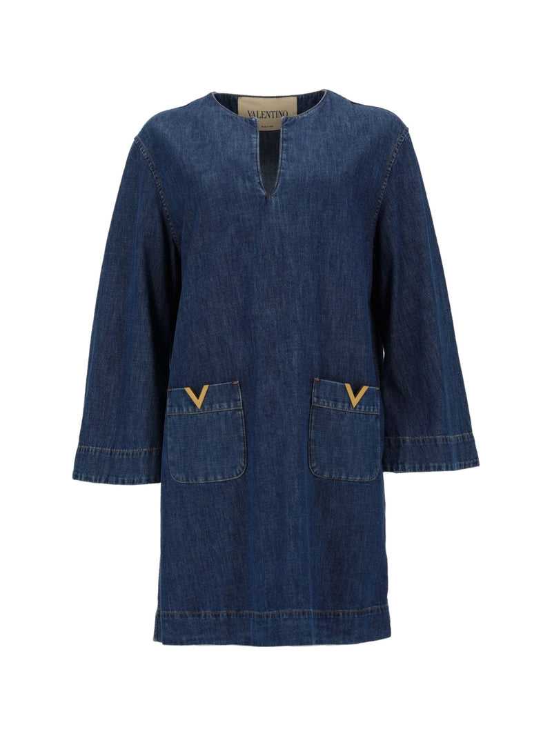 Valentino Chambray Tunic Dress with V Pockets